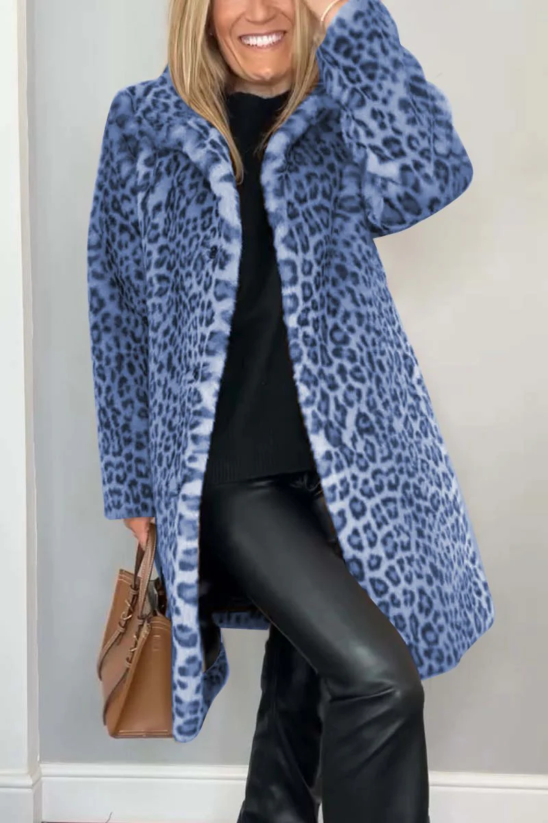 Women's Fashionable Leopard Lapel Faux Fur Winter Mid-Length Coat - Image 6