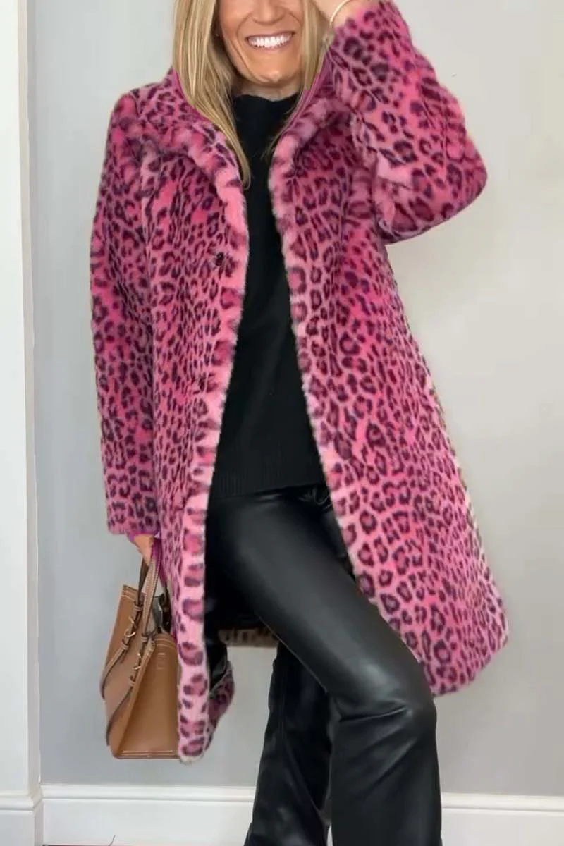 Women's Fashionable Leopard Lapel Faux Fur Winter Mid-Length Coat - Image 7