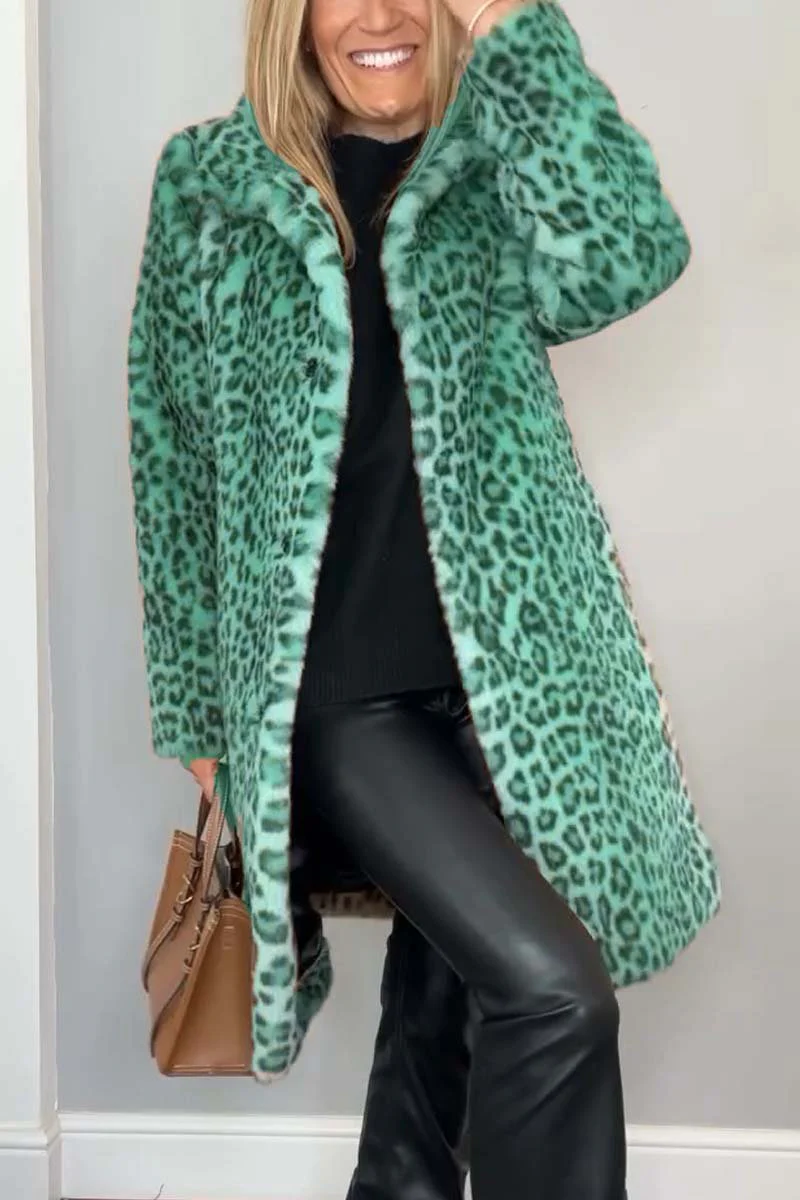 Women's Fashionable Leopard Lapel Faux Fur Winter Mid-Length Coat - Image 8