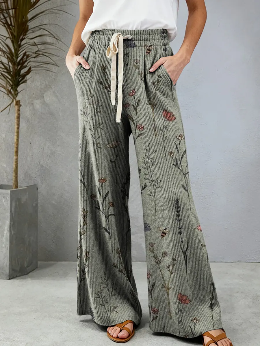 Women's Floral Art Pattern Print Comfortable Drawstring Knit Trousers