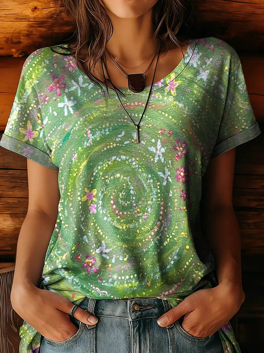 Women's Floral Art Patterns Print Crew Neck Cotton T-Shirt