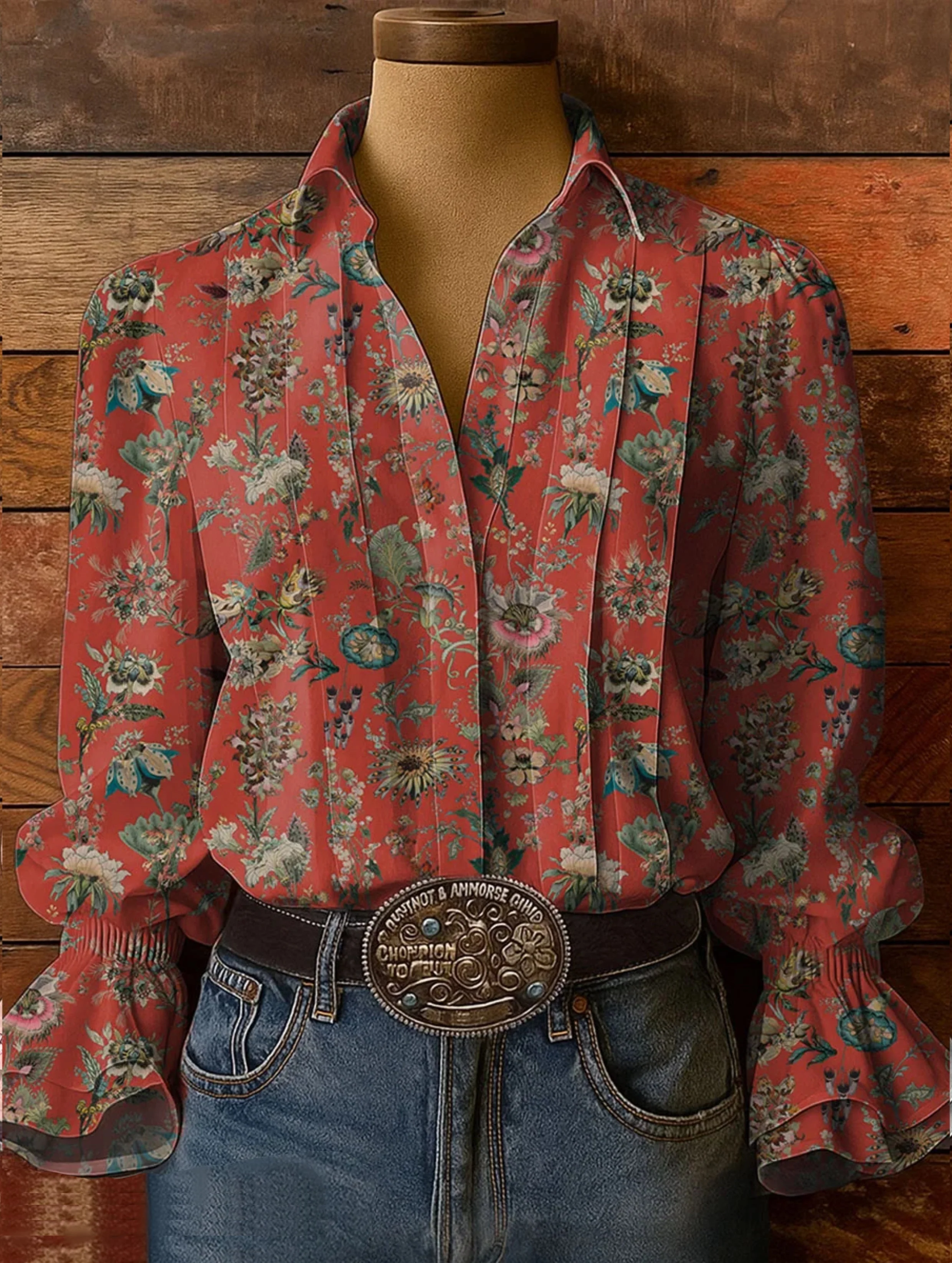 Women's Floral Art Print Casual Cotton-Linen Blend Shirt