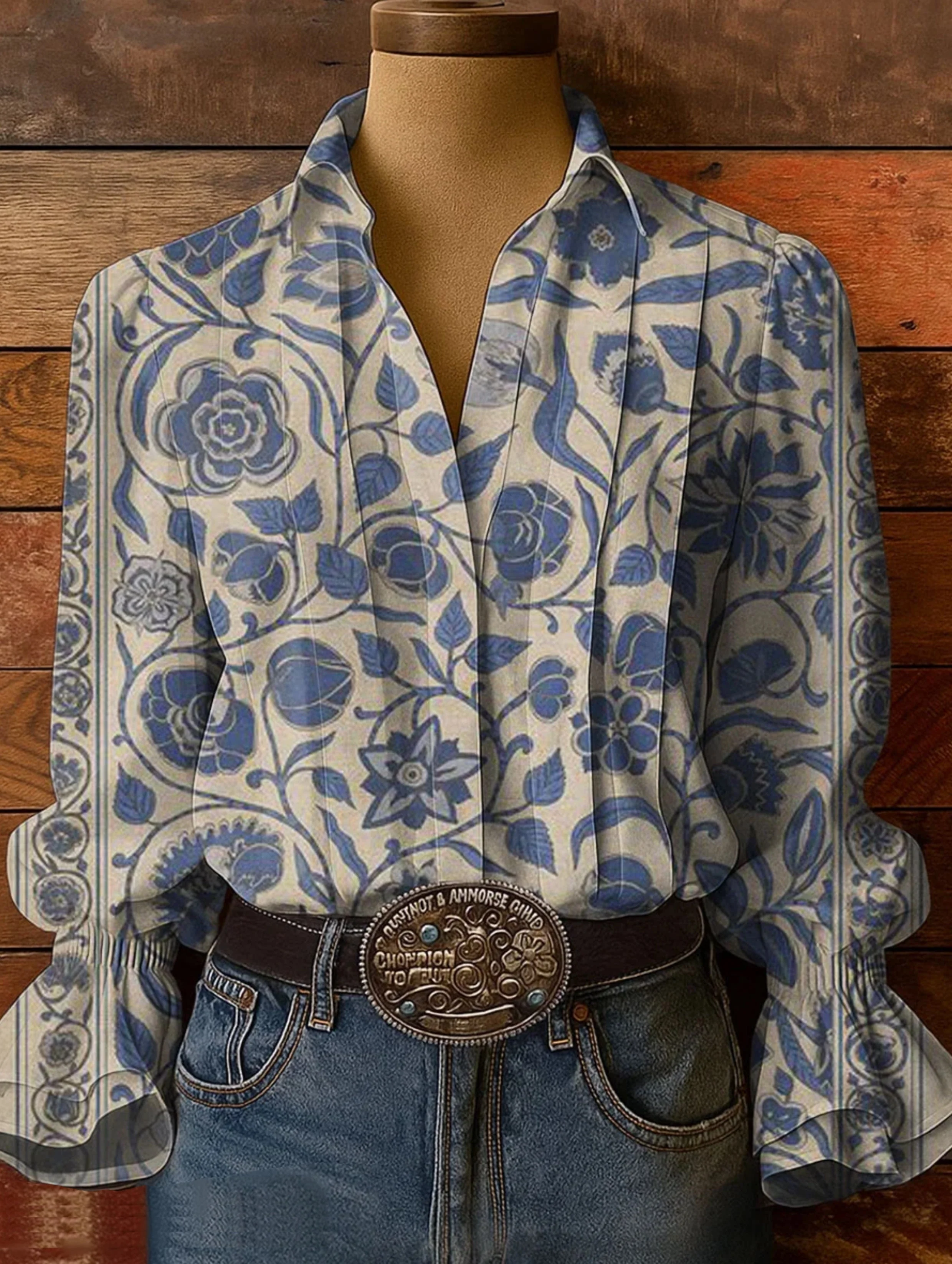 Women's Floral Art Print Casual Cotton-Linen Blend Shirt