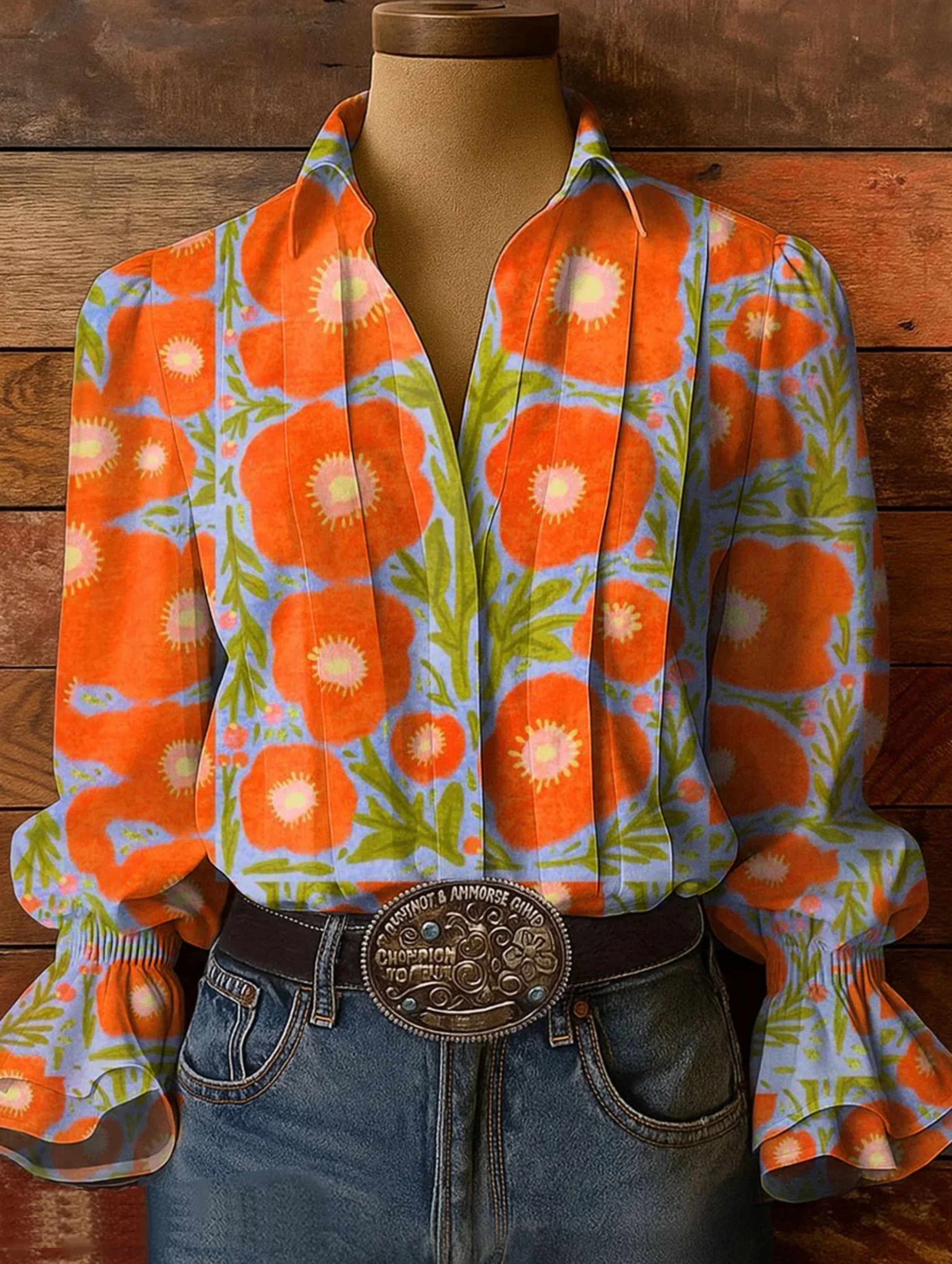 Women's Floral Art Print Casual Cotton-Linen Blend Shirt