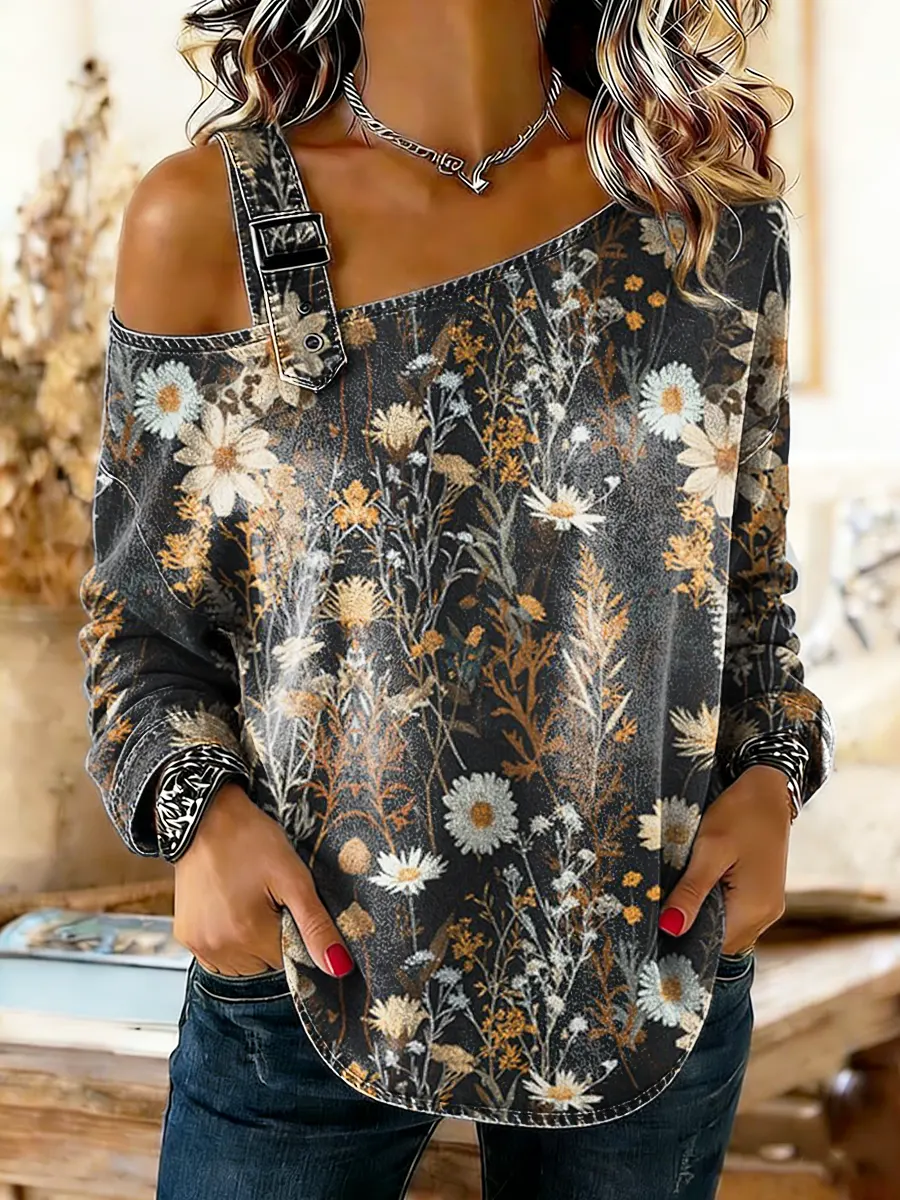 Women's Floral Art Print Off-Shoulder Washed Denim Cotton Top