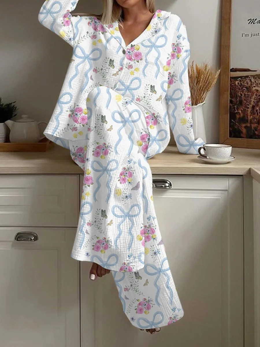 Petal Kisses Women's Floral Bow Print Casual Homewear Set - Image 2