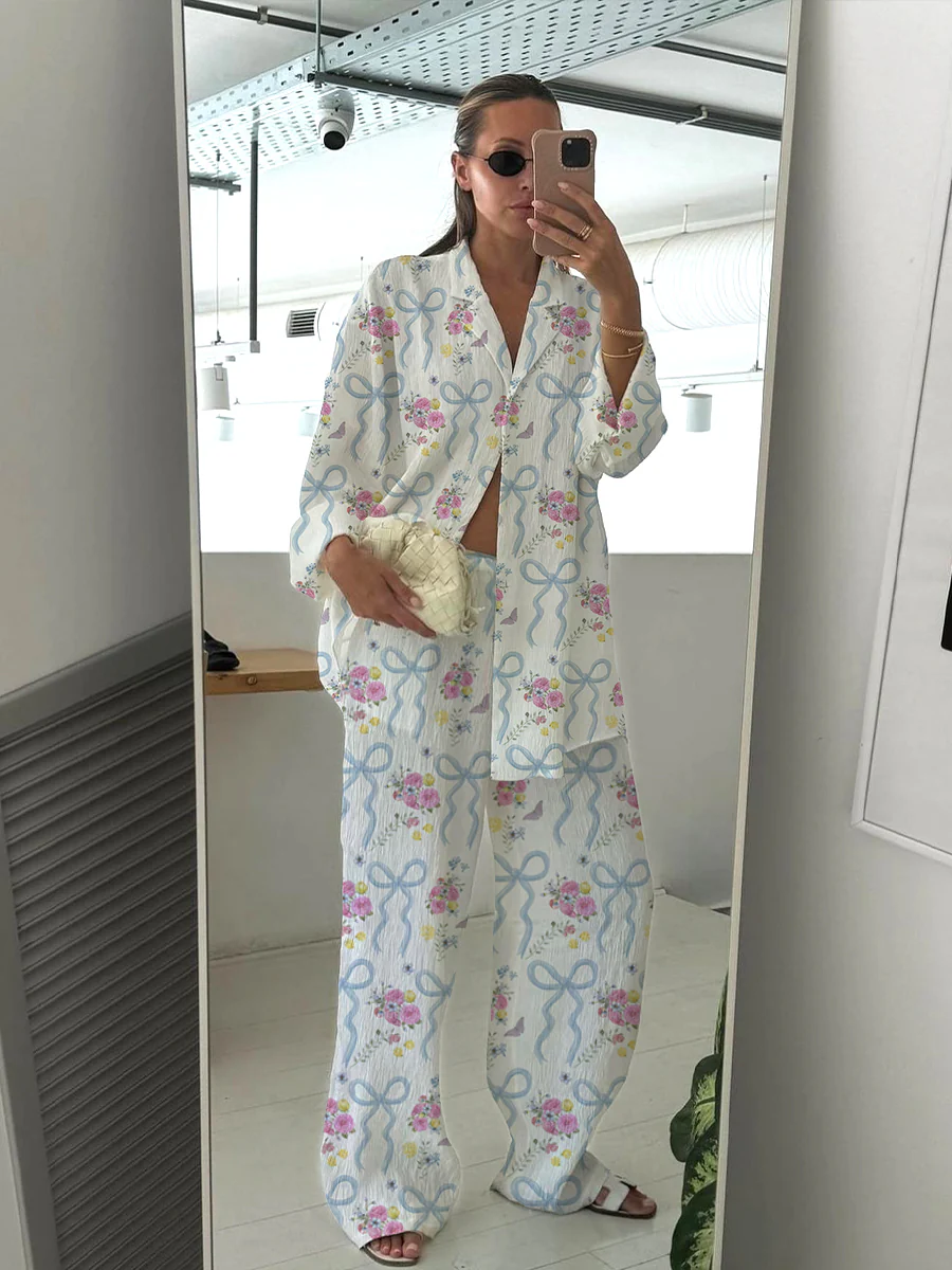 Petal Kisses Women's Floral Bow Print Casual Homewear Set - Image 3