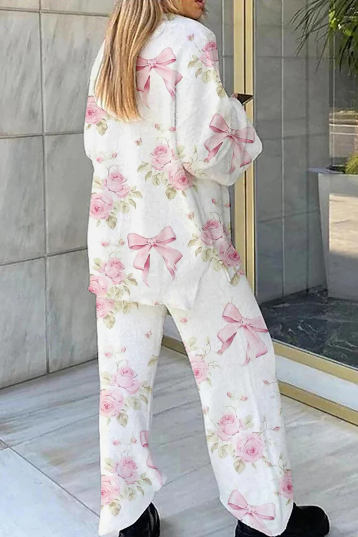 Women's Floral Bow Print Home Long Sleeve Suit - Image 2