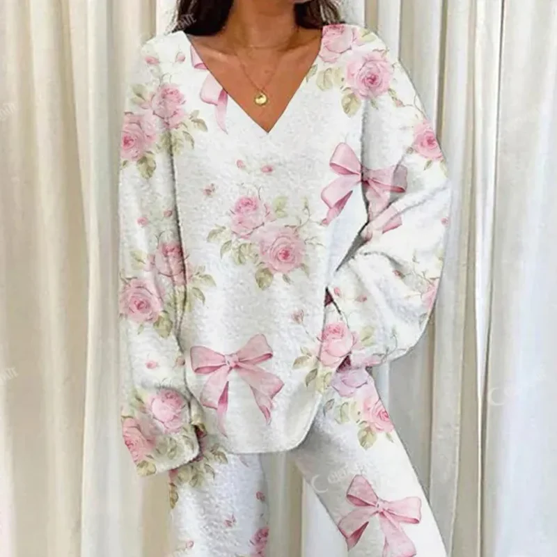 Women's Floral Bow Print Home Long Sleeve Suit - Image 3
