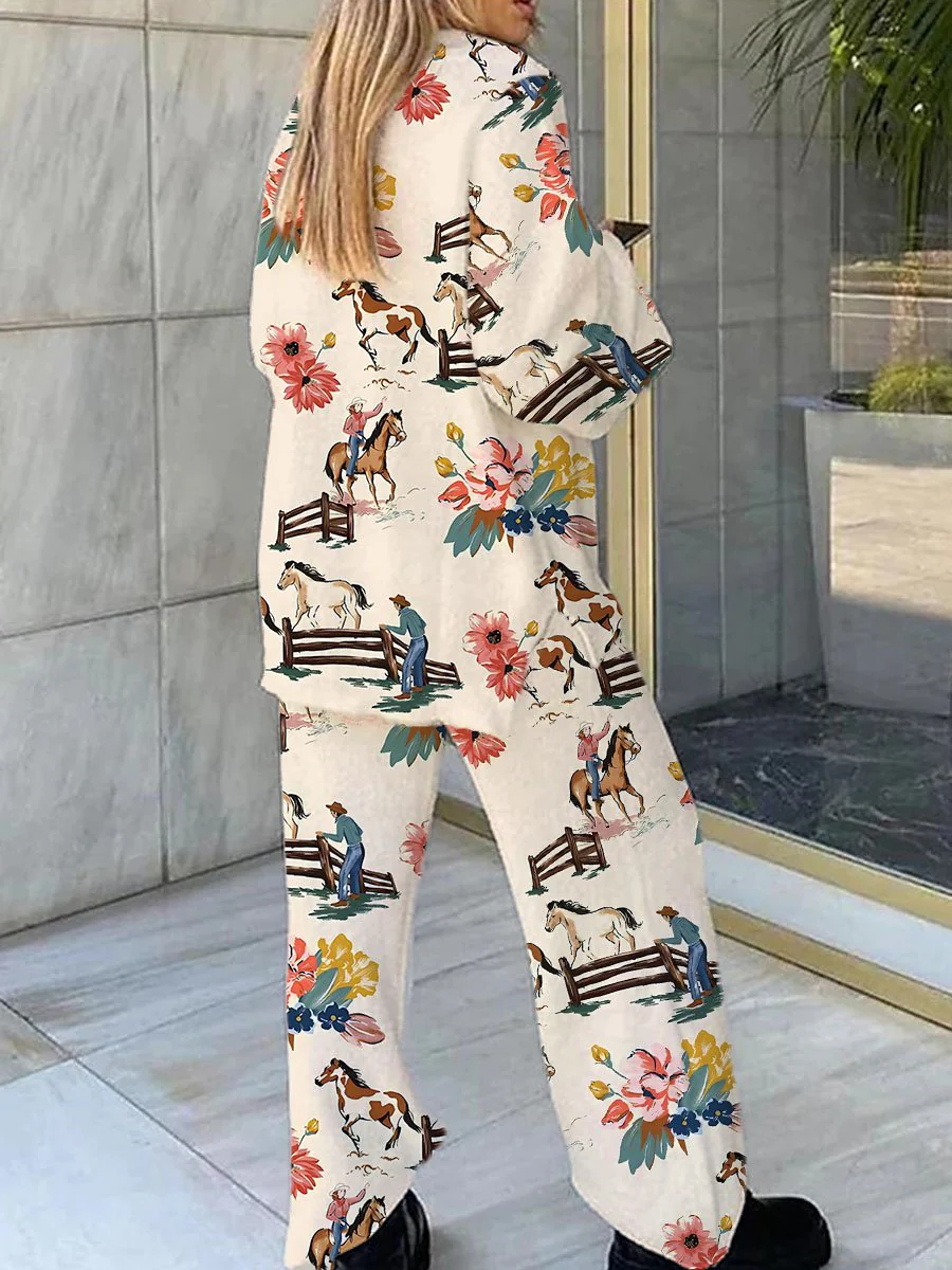 Women's Floral Farm Horse Print V-Neck Long Sleeve Suit - Image 2