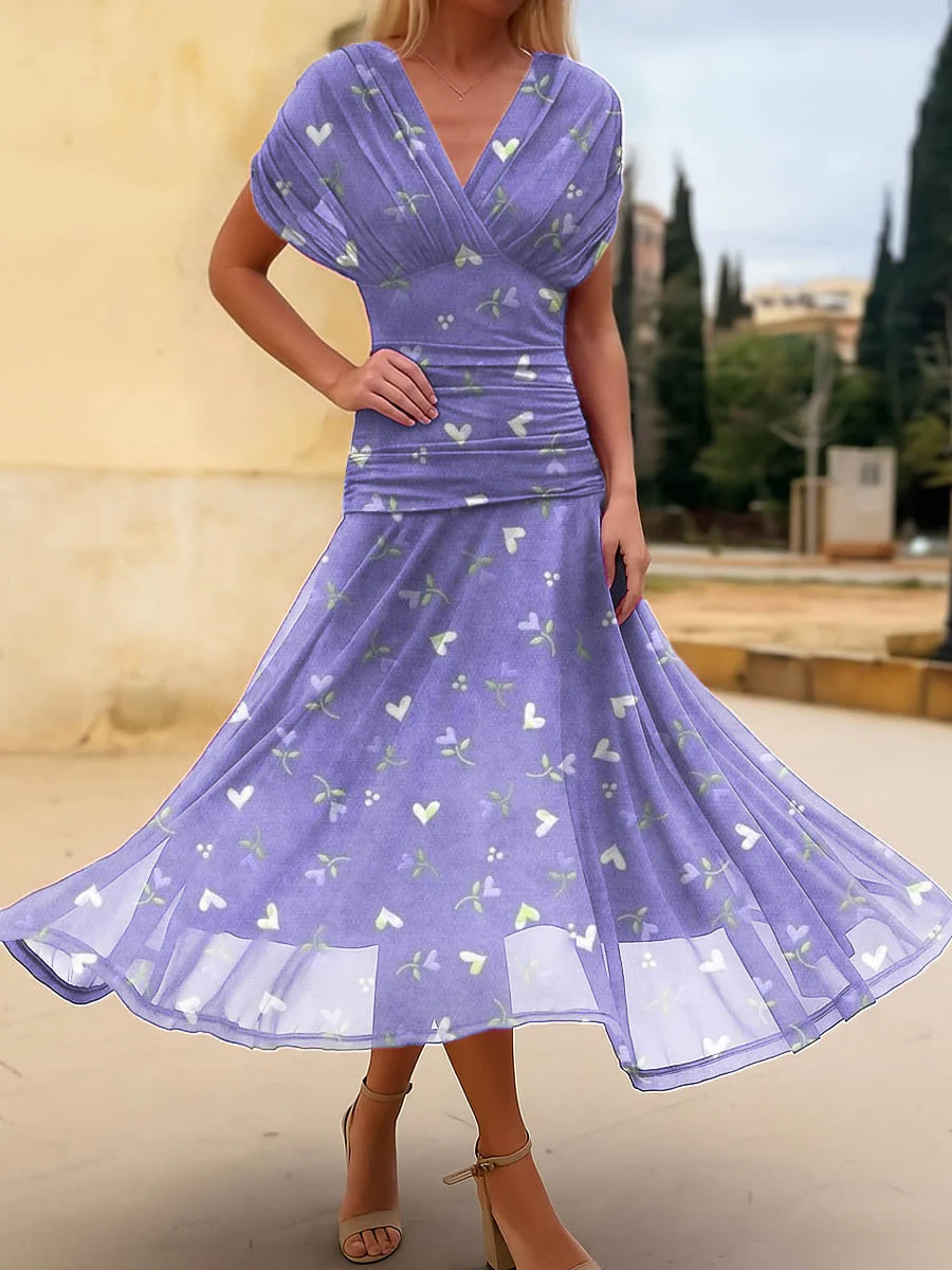 Women's Floral Hearts Pattern Art Print Casual Cotton Dress