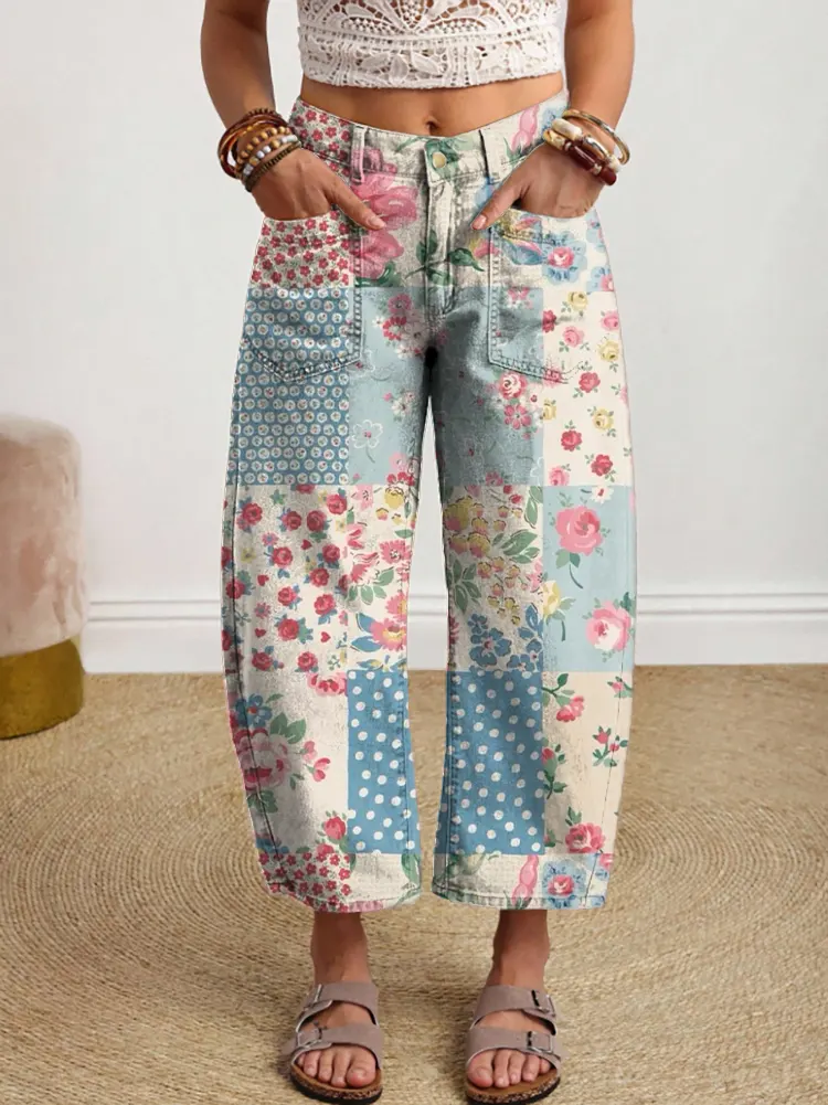 Women's Floral Patchwork Art Print Casual And Comfortable Denim Jeans