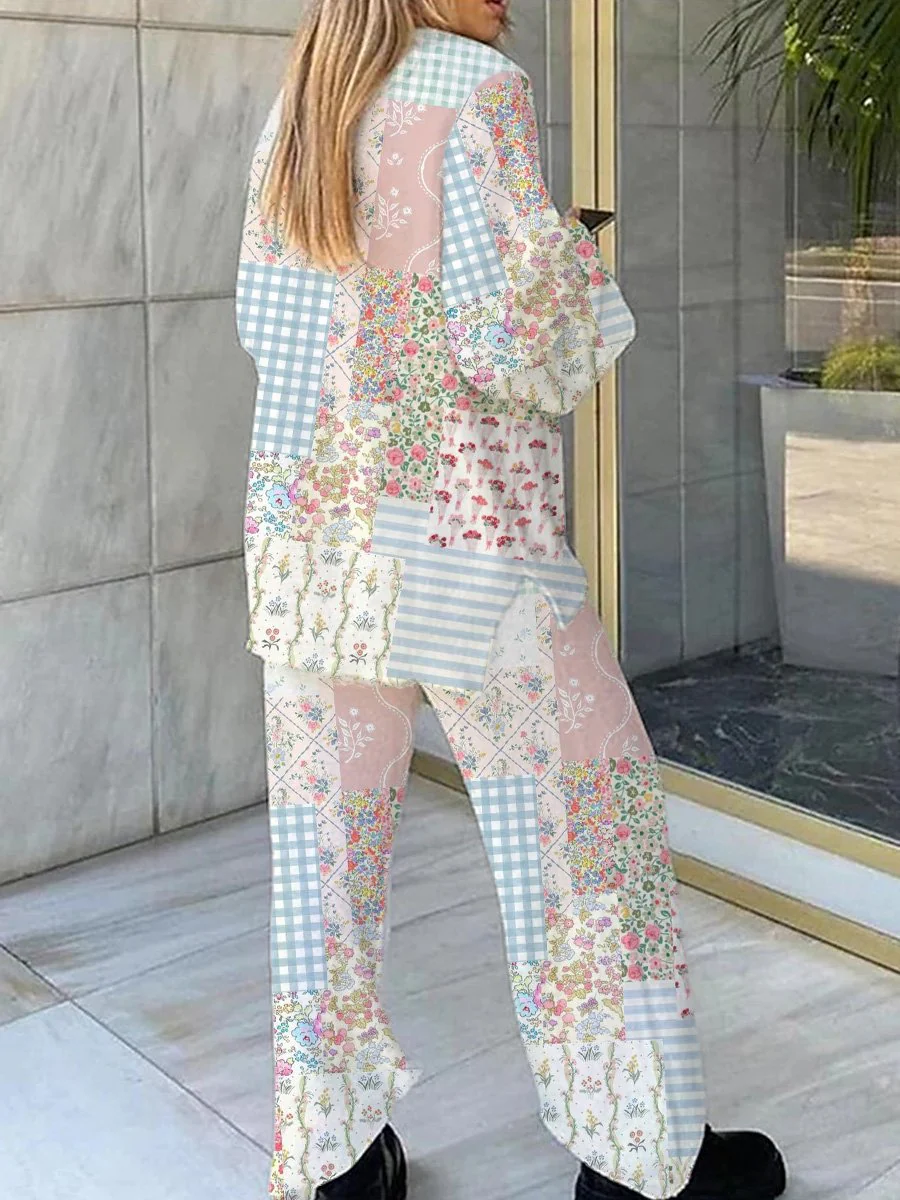 Floral Patchwork Loungewear Set For Women - Image 2