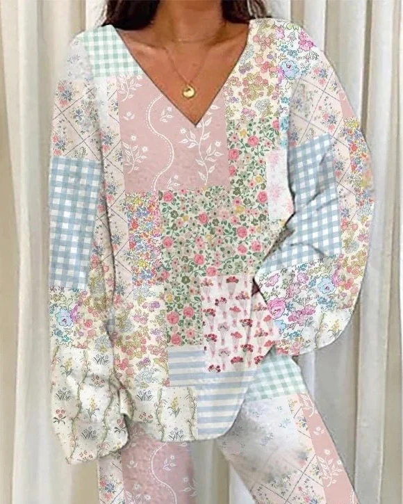 Floral Patchwork Loungewear Set For Women - Image 3