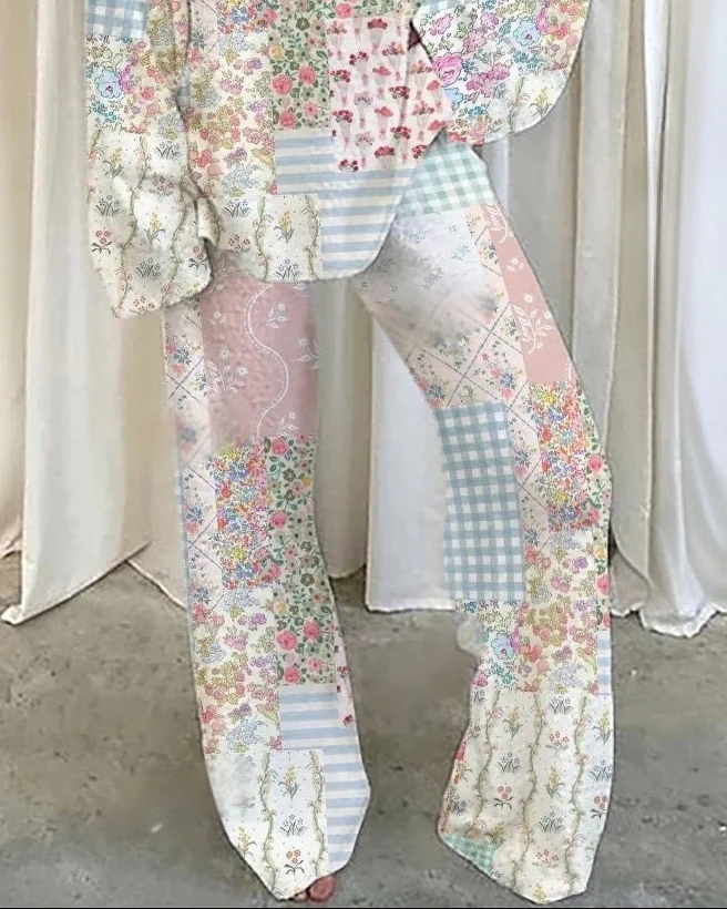 Floral Patchwork Loungewear Set For Women - Image 4