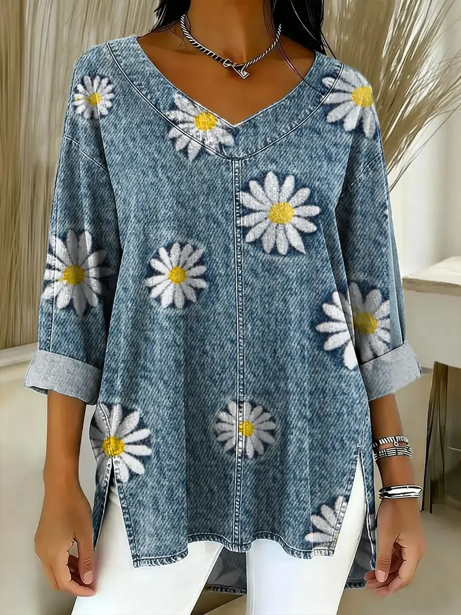 Women's Floral Pattern Art Print Casual Denim Shirt