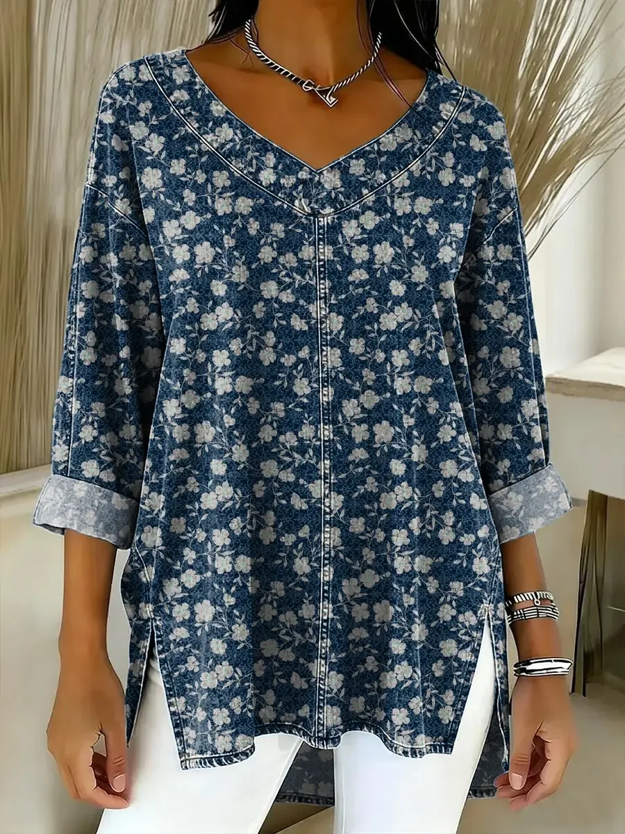 Women's Floral Pattern Art Print Casual Denim Shirt