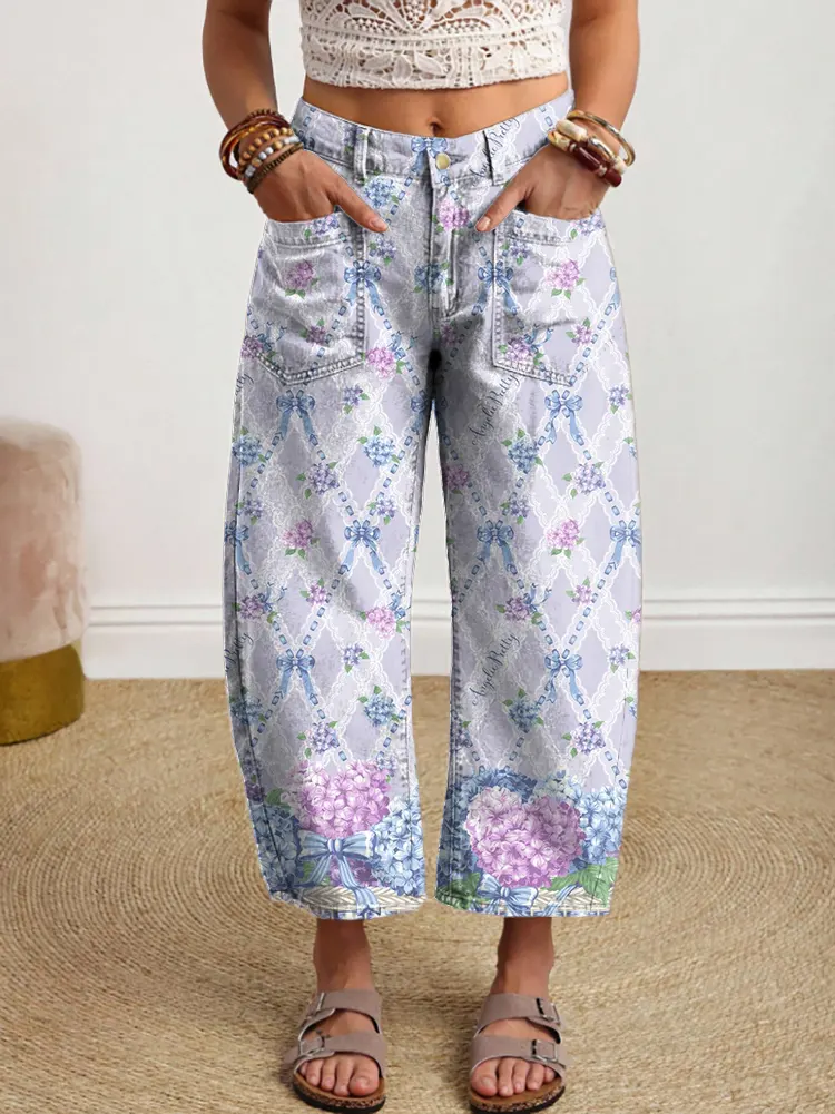 Women's Floral Pattern Art Print Denim Jeans