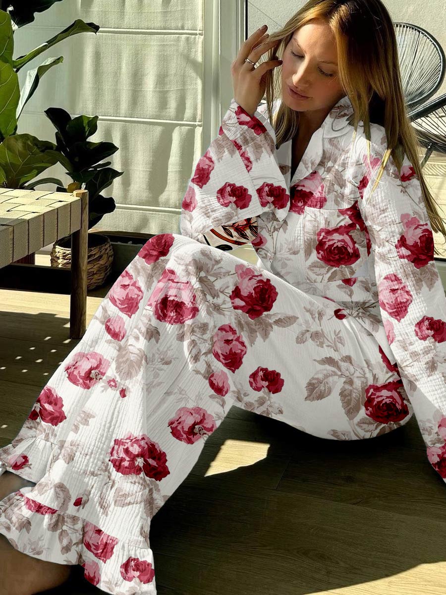 Women's Floral Print Casual Ruffle Pajama Set - Image 2