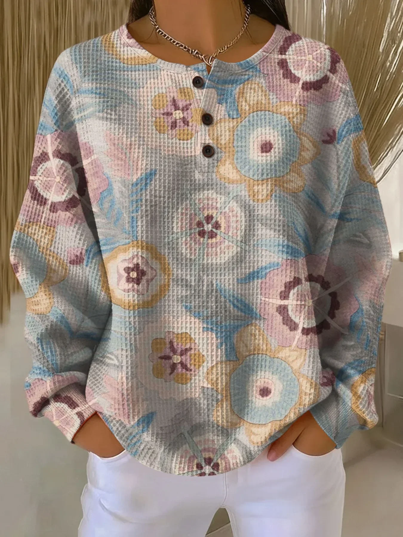 Women's Flowers Pattern Art Print Casual Waffle Sweatshirt