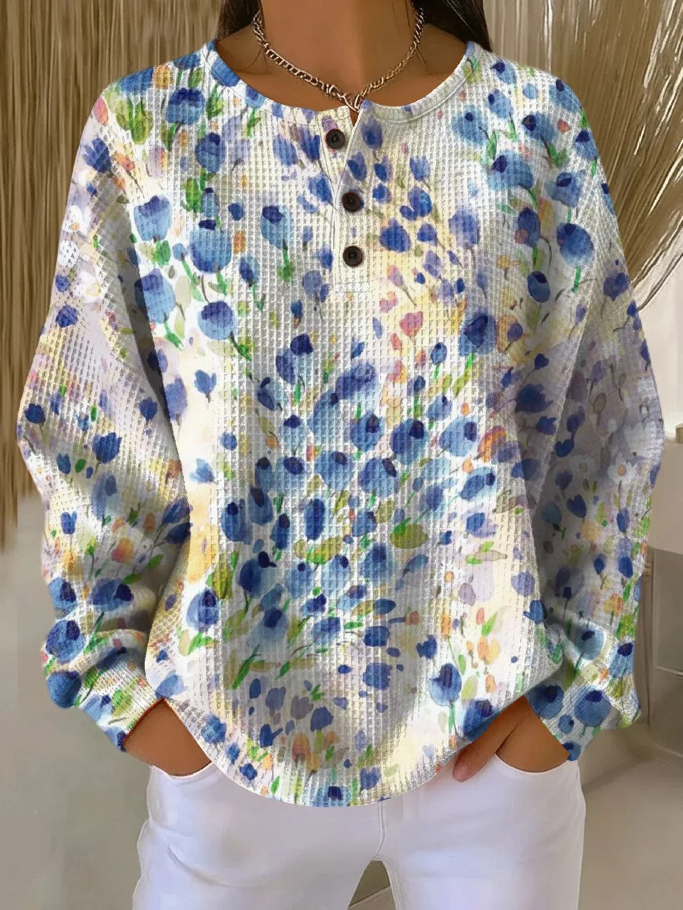 Women's Flowers Pattern Art Print Casual Waffle Sweatshirt