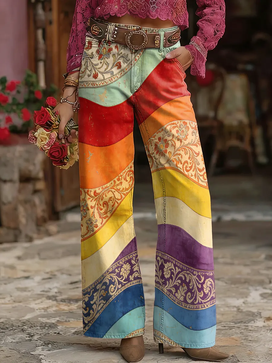 Women's Flowers Print Casual Pocket Cotton Wide-leg Jeans