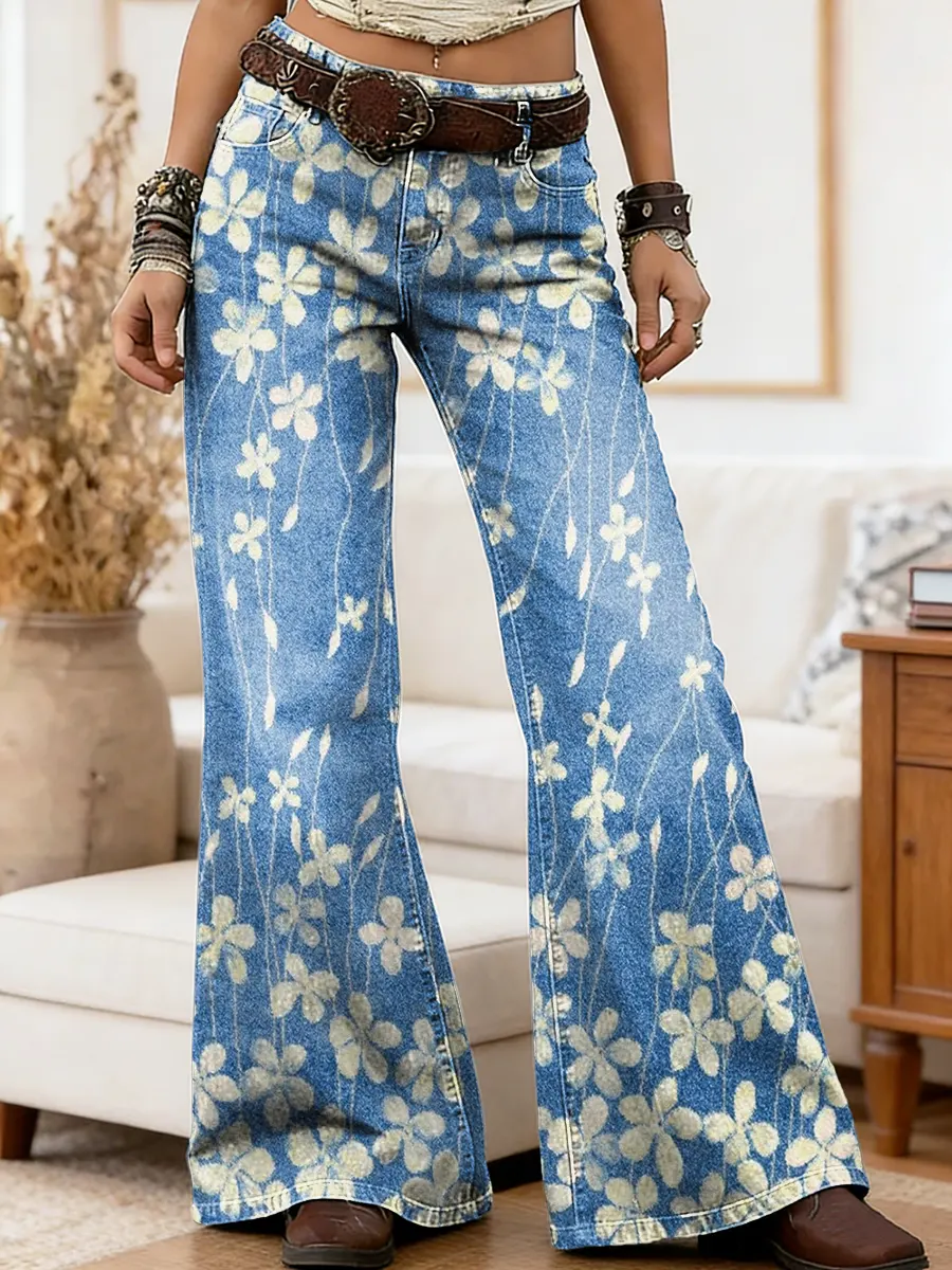 Women's Flowers Print Casual Pocket Cotton Wide-leg Jeans