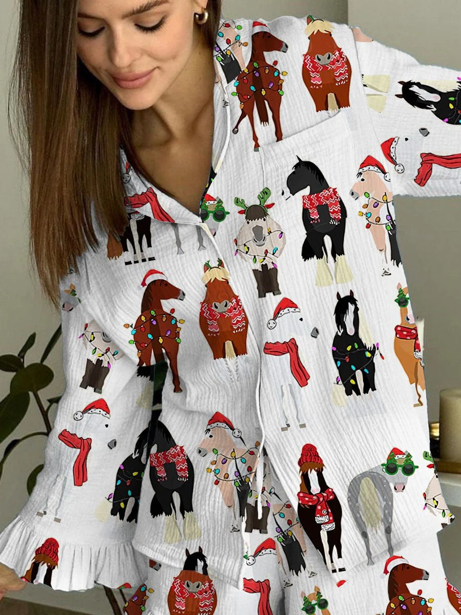 Women's Fun Christmas Horse Print Cardigan Set
