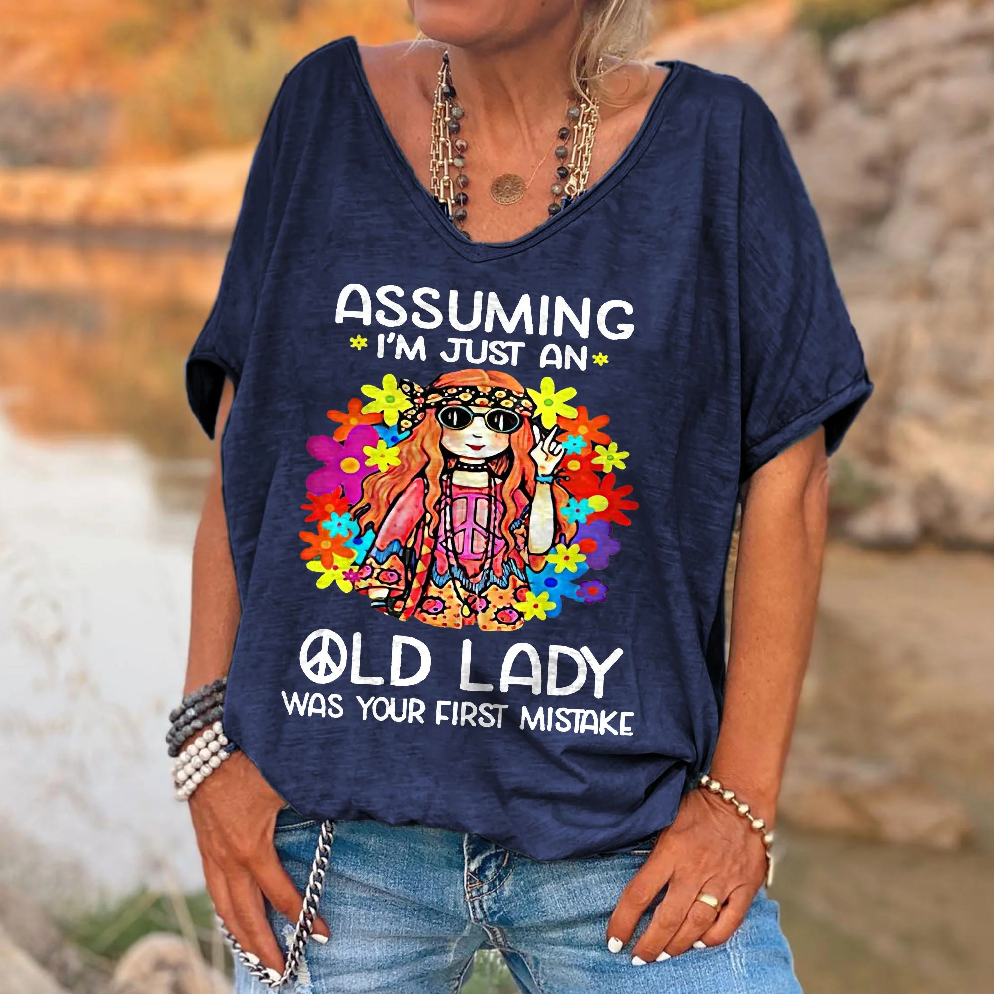 Women's Funny Assuming I'm Just An Old Lady Was Your First Mistake Hippie Casual Shirts - Image 10