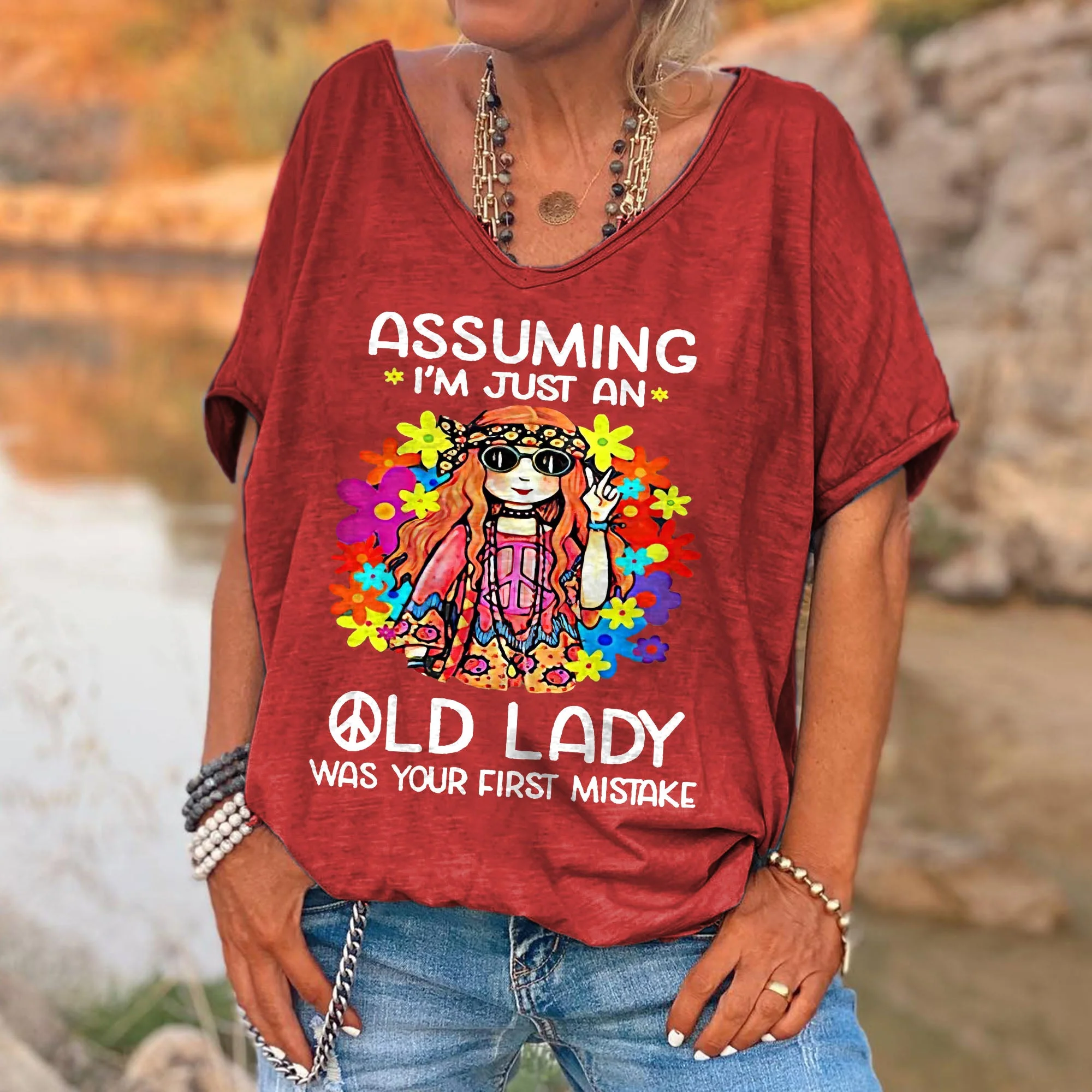 Women's Funny Assuming I'm Just An Old Lady Was Your First Mistake Hippie Casual Shirts - Image 11