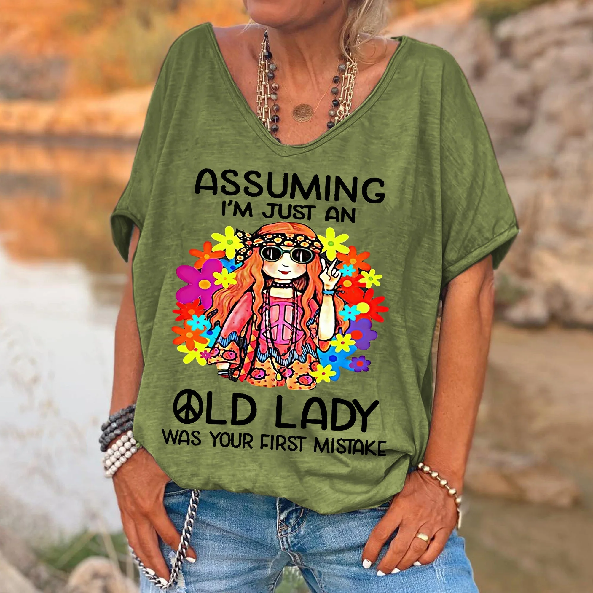 Women's Funny Assuming I'm Just An Old Lady Was Your First Mistake Hippie Casual Shirts - Image 2