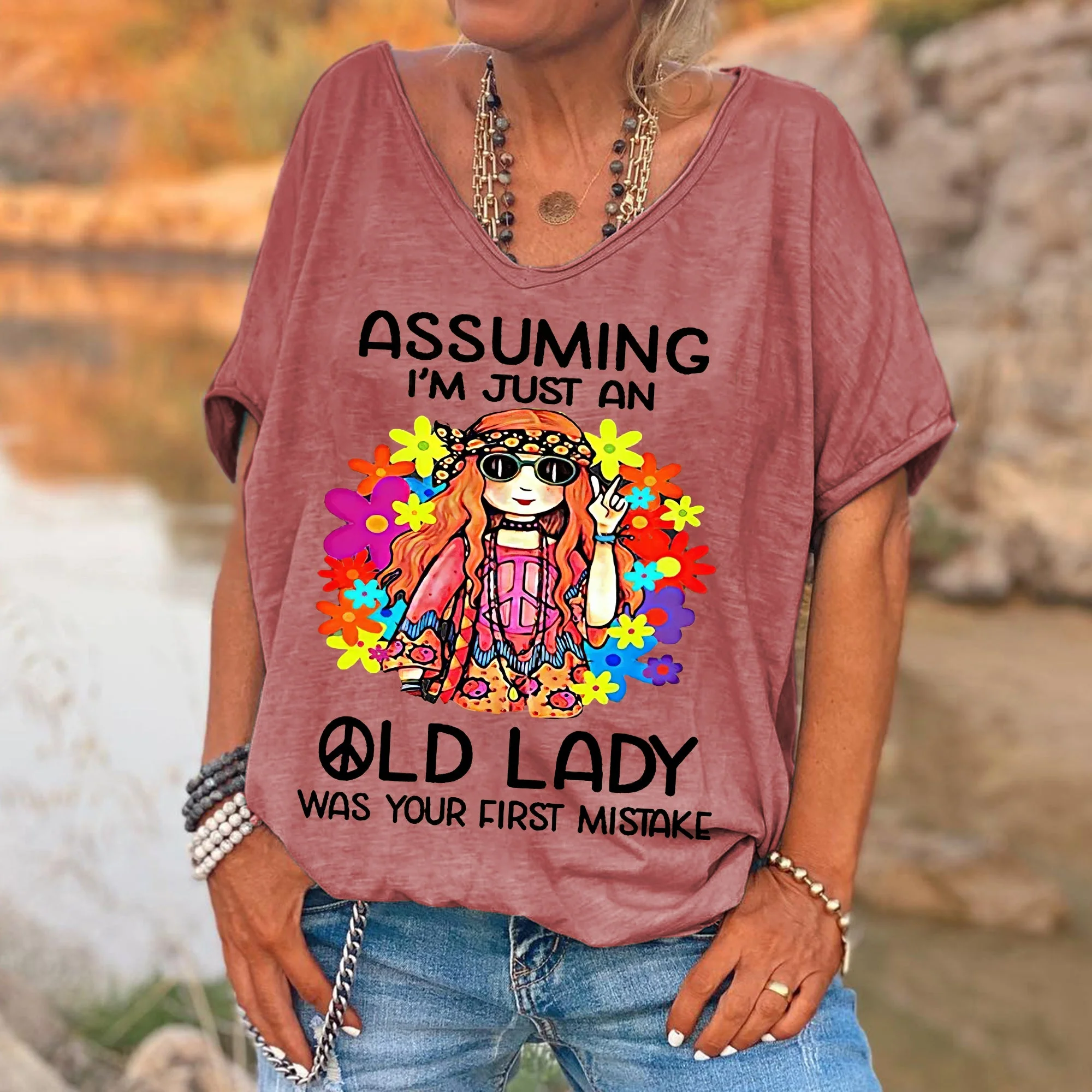 Women's Funny Assuming I'm Just An Old Lady Was Your First Mistake Hippie Casual Shirts - Image 3