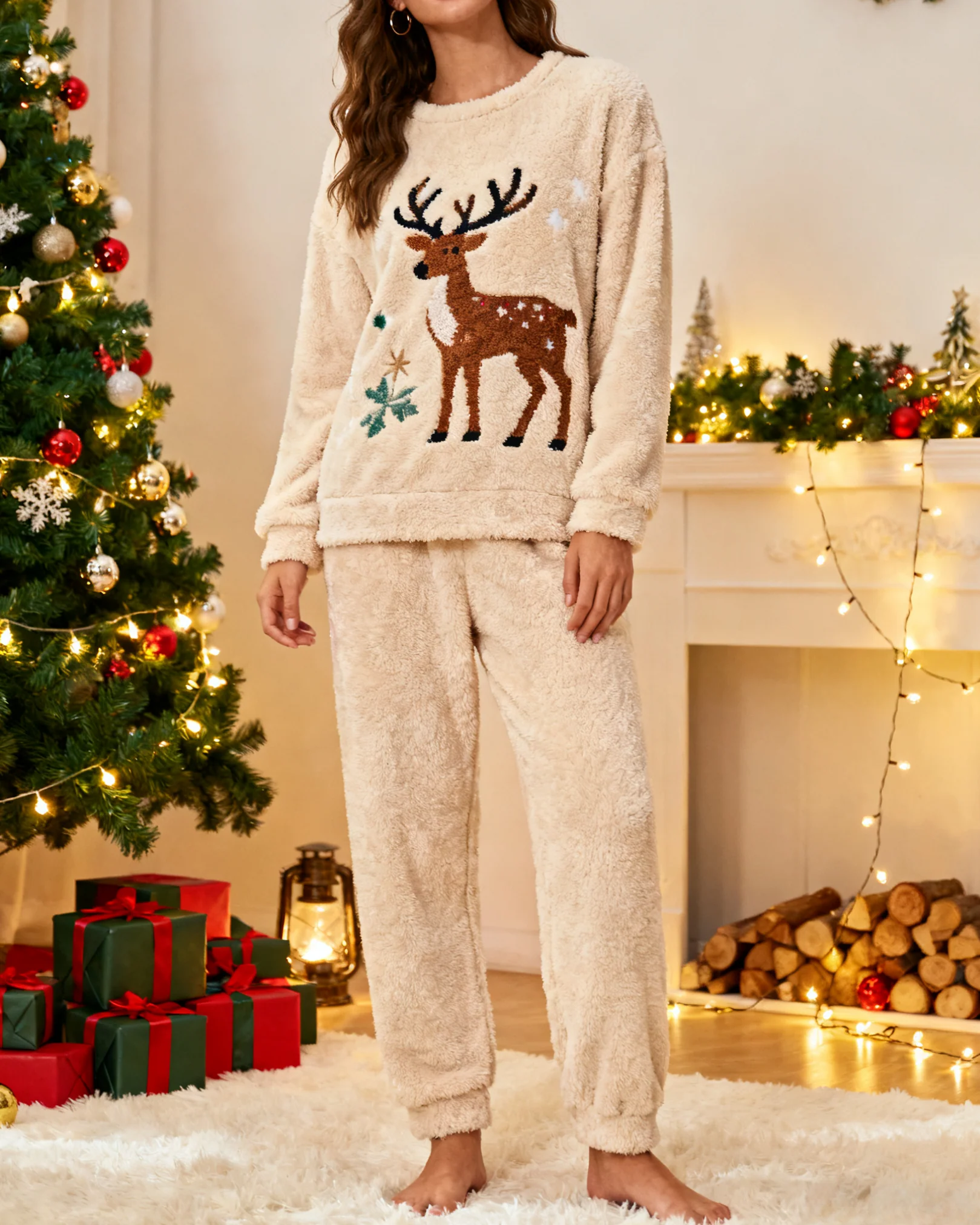 Women's Fuzzy Loungewear Set Christmas Elk Round Neck Loose Long Sleeve Pants Set