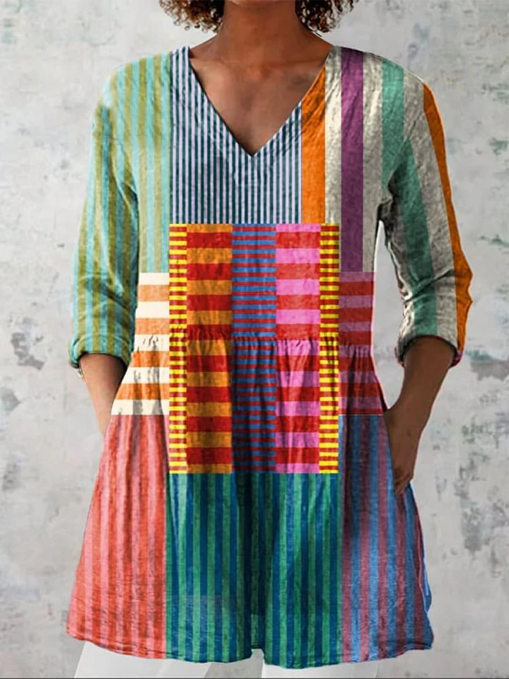 Women's Geometric Line Pattern Art Print Casual Cotton And Linen 3/4 Sleeve Shirt - Image 3