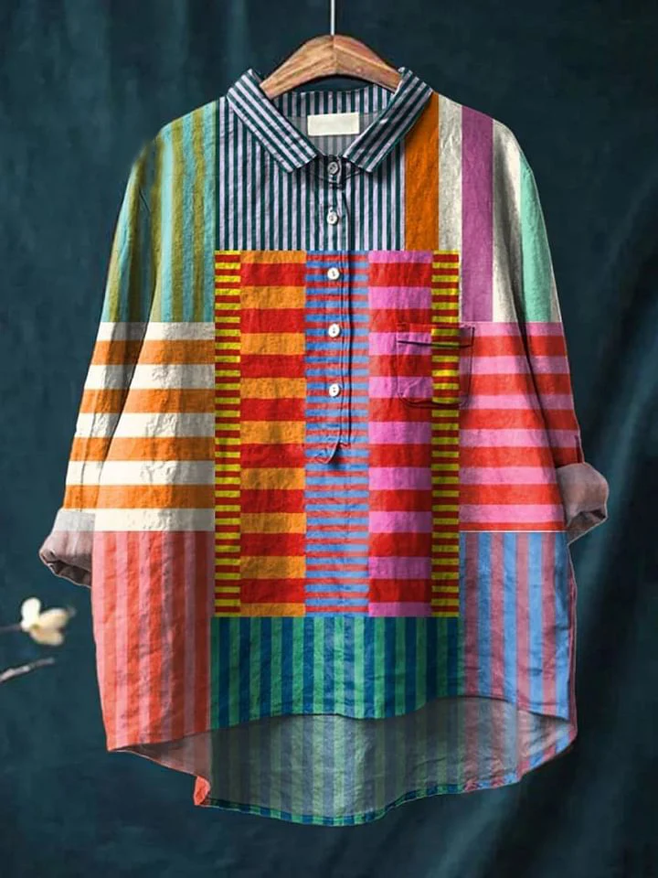 Women's Geometric Line Pattern Art Print Casual Cotton And Linen 3/4 Sleeve Shirt - Image 4