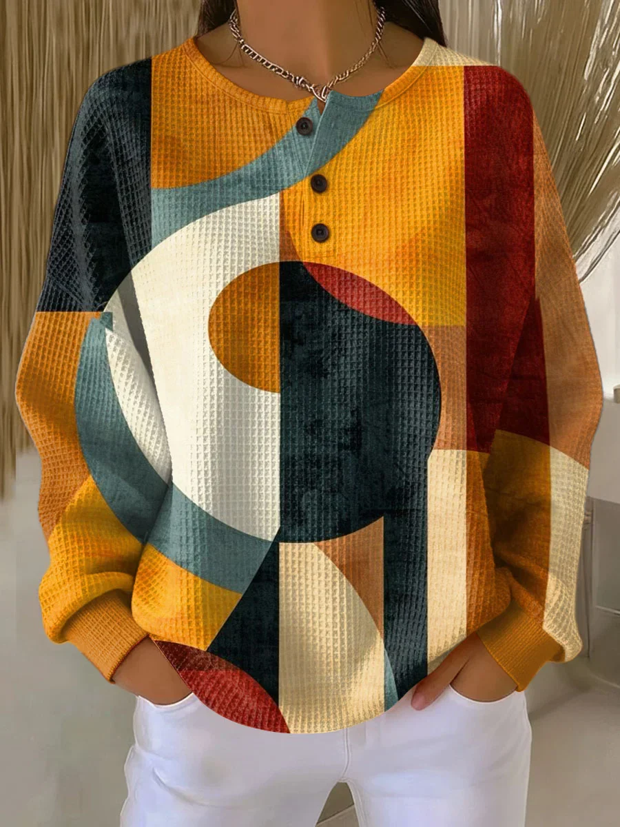 Women's Geometric Pattern Art Print Casual Cotton Waffle Sweatshirt