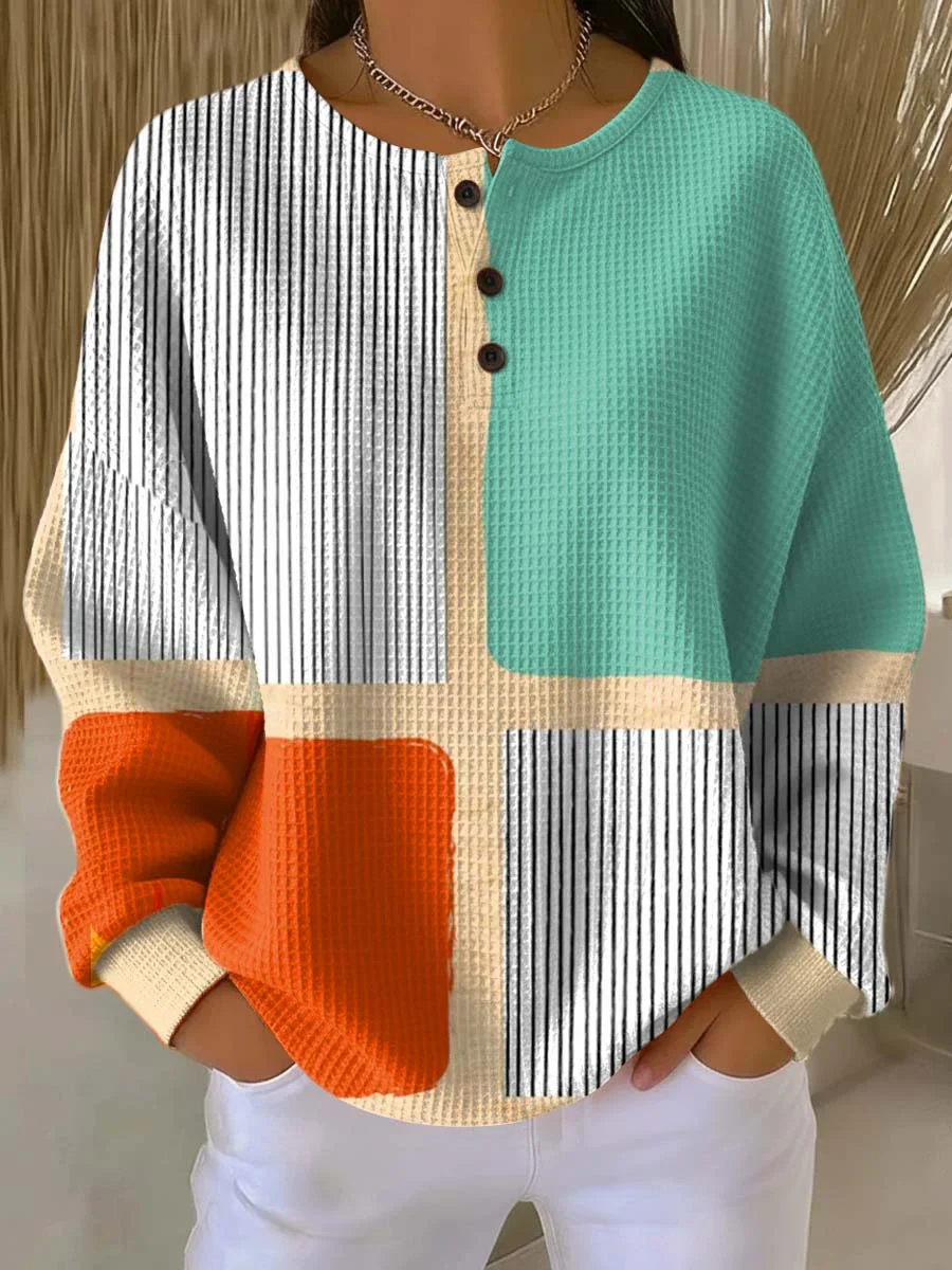 Women's Geometric Pattern Art Print Casual Cotton Waffle Sweatshirt