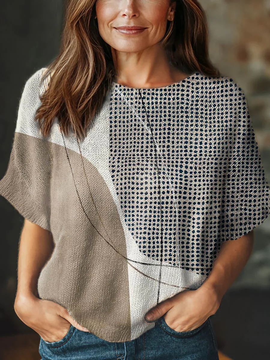 Women's Geometric Pattern Art Print Casual Crew Neck Short Sleeve Knitted Sweater