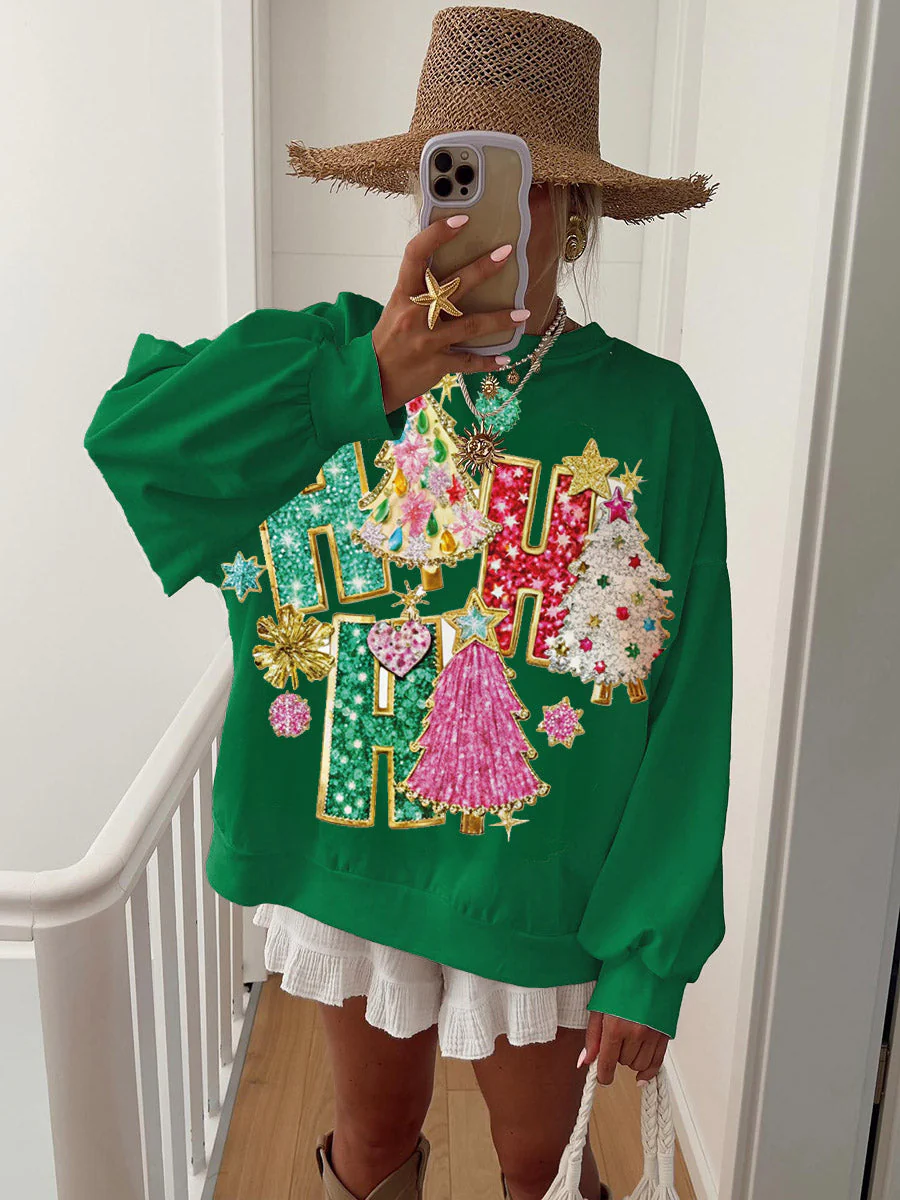 Women's Glitter Sequins Merry Christmas Print Sweatshirt - Image 2