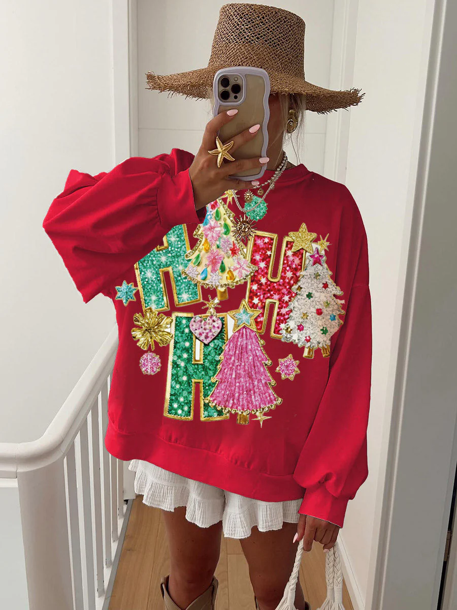 Women's Glitter Sequins Merry Christmas Print Sweatshirt - Image 3