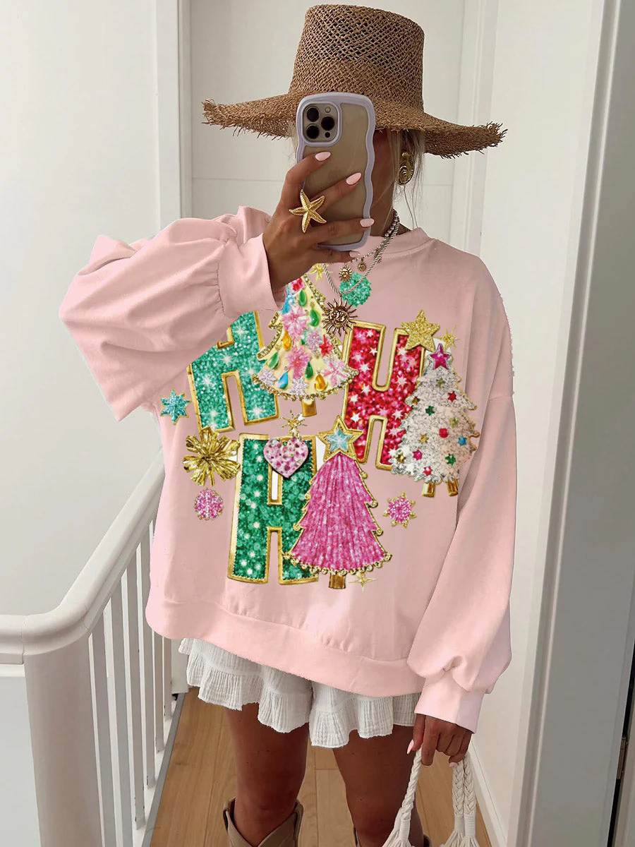 Women's Glitter Sequins Merry Christmas Print Sweatshirt - Image 4