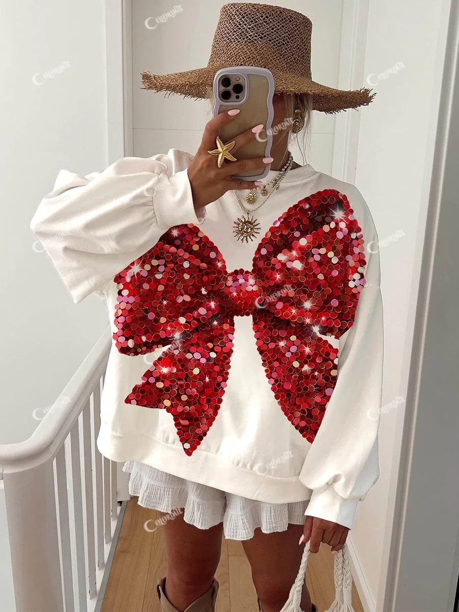 Women's Christmas Glitter Sequins Red Bow Print Sweatshirt