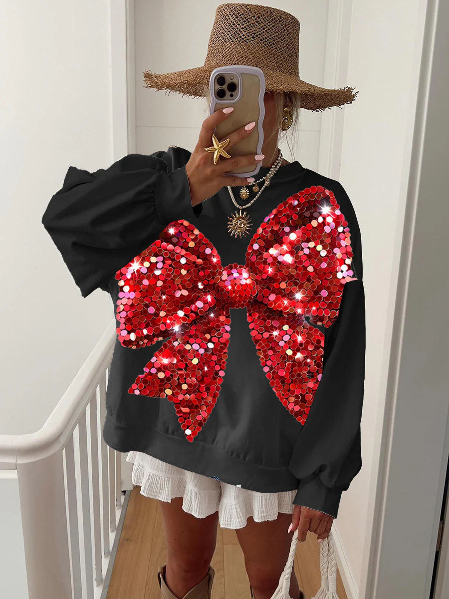 Women's Christmas Glitter Sequins Red Bow Print Sweatshirt - Image 2