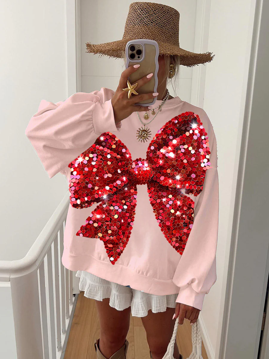 Women's Christmas Glitter Sequins Red Bow Print Sweatshirt - Image 3