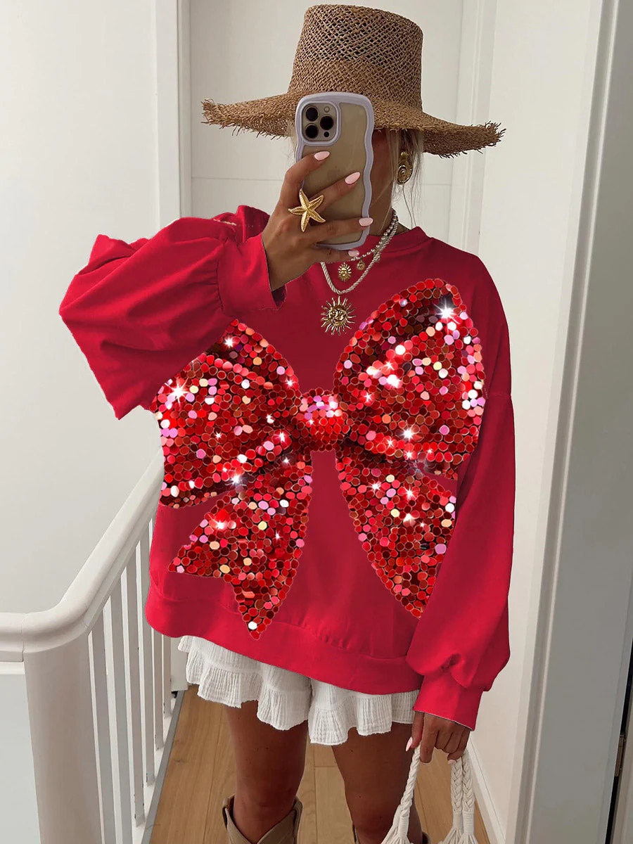 Women's Christmas Glitter Sequins Red Bow Print Sweatshirt - Image 4