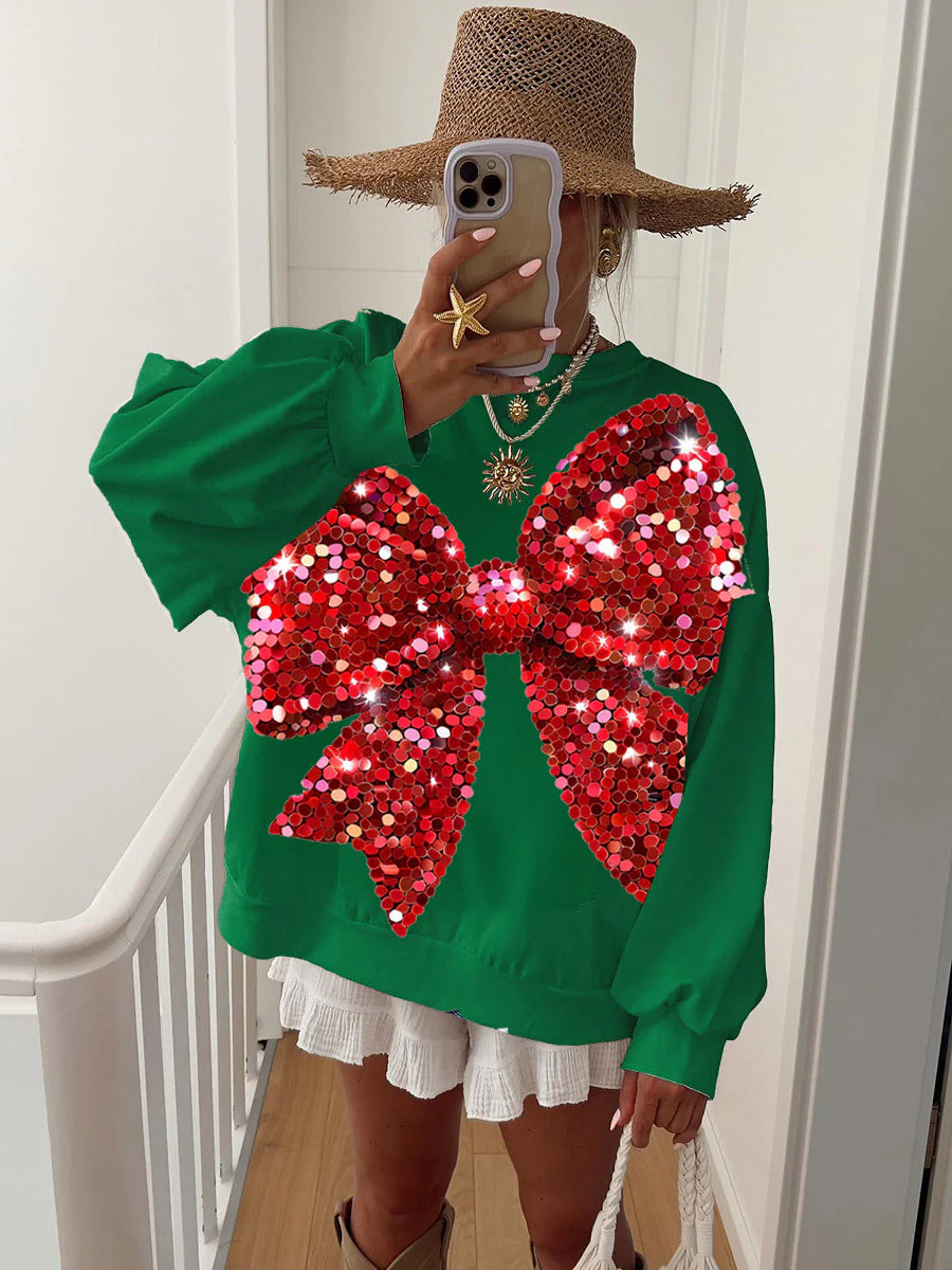 Women's Christmas Glitter Sequins Red Bow Print Sweatshirt - Image 5