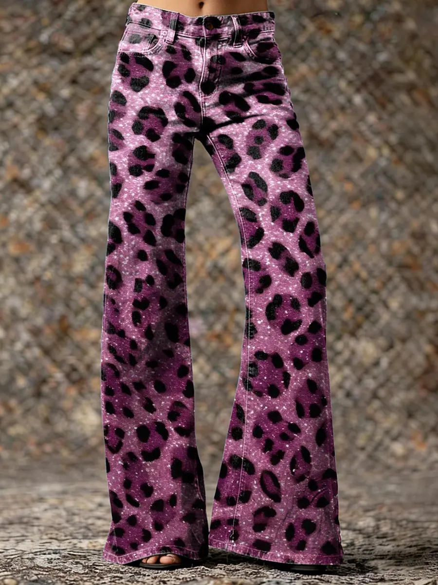 Women's Gradient Leopard Print Artistic Wash Denim Jeans