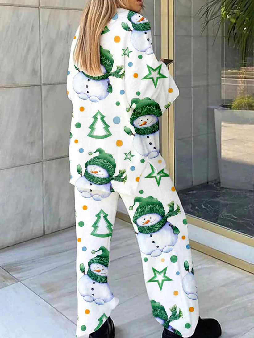 Women's Green Christmas Snowman Print Home V Neck Long Sleeve Suit - Image 2