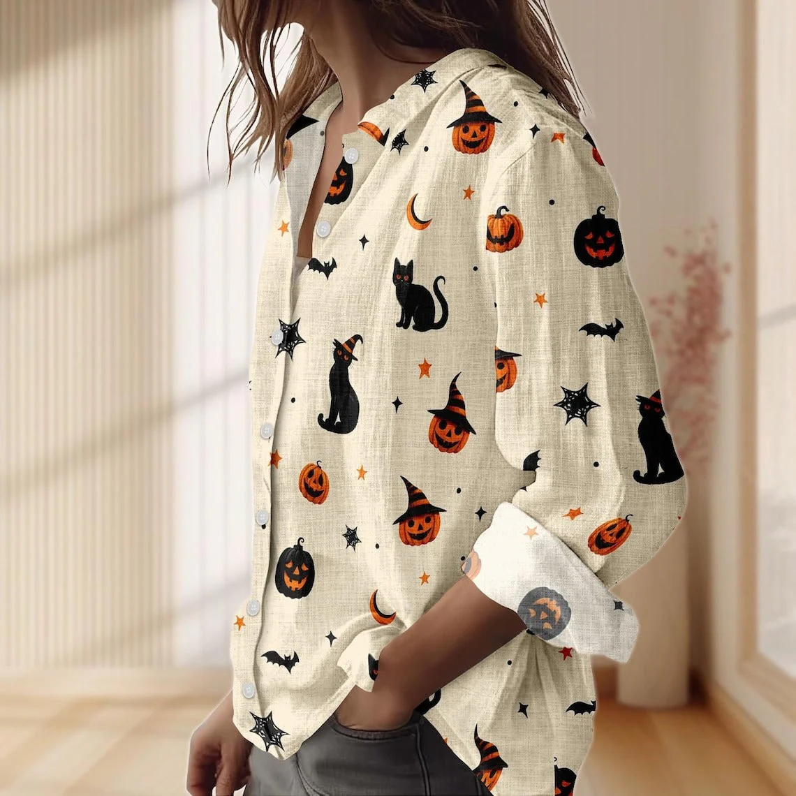 Women's Halloween Black Cat Pumpkin Print Casual Shirt - Image 2