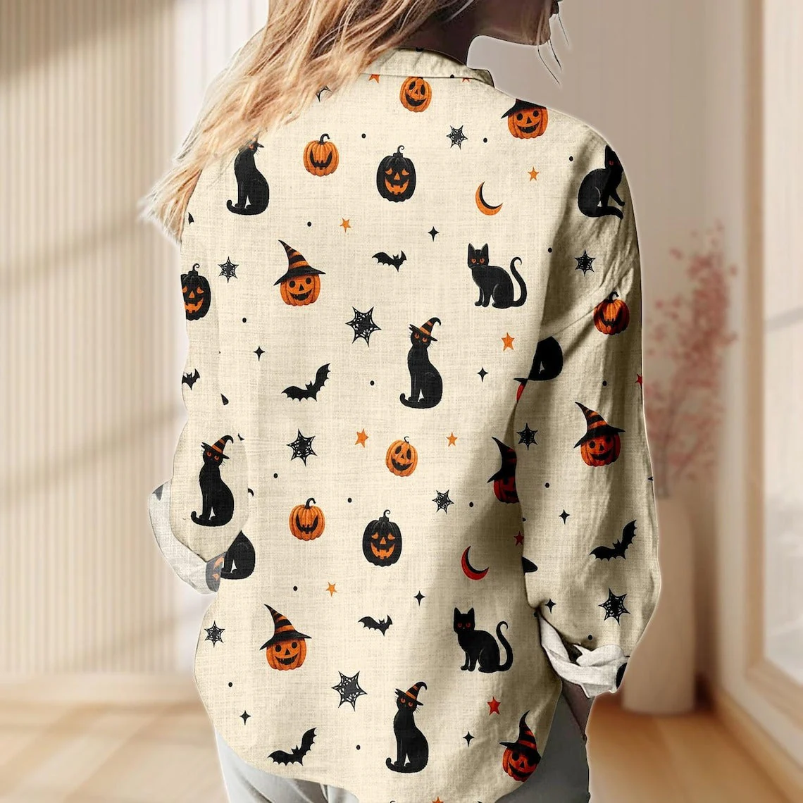 Women's Halloween Black Cat Pumpkin Print Casual Shirt - Image 3